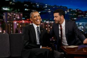 U.S. President Barack Obama talks to host Jimmy Kimmel during a commercial break in between taping of Jimmy Kimmel Live! in Hollywood on Oct. 24, 2016. (Credit: MARCUS YAM/AFP/Getty Images)