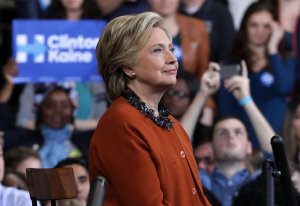 Democratic presidential candidate Hillary Clinton listens during a campaign event at the Lawrence Joel Veterans Memorial Coliseum October 27, 2016 in Winston-Salem, North Carolina. (Credit: Alex Wong/Getty Images)