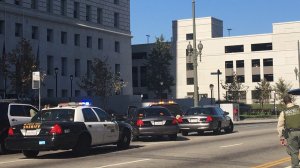 The Los Angeles County Sheriff's Department released this image of officials responding to the Hall of Justice in downtown where a man who allegedly vandalized a Metro Green Line station was eventually arrested. 