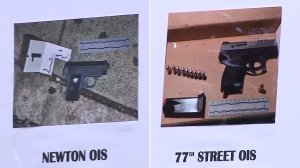 Guns found at the scene of two fatal police shootings are shown on posters displayed at an Oct. 3, 2016, LAPD news conference. The replica gun is at left; the loaded one at right, according to police. (Credit: KTLA)