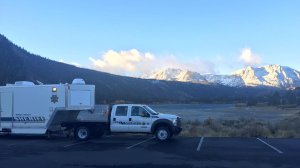 A vehicle from the Mono County Sheriff's Department is shown at June Lake in a photo posted to the agency's Facebook page on Oct. 17, 2016.