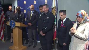 LAPD and Islamic Center officials appear at a news conference on Oct. 25, 2016. (Credit: KTLA)