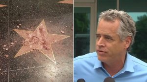 Donald Trump's Walk of Fame star is shown after it was vandalized on Oct. 26, 2016. Alleged vandal James Otis speaks after being released from jail the following day. (Credit, left, Jamie Moreno; right, KTLA)