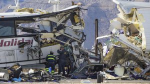 Authorities said 13 people were killed and 31 injured Sunday morning when a tour bus crashed into the back of a big rig near Palm Springs. (Credit: Gina Ferazzi / Los Angeles Times)