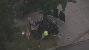 One person died in a high-speed crash in Upland on Oct. 25, 2016. (Credit: KTLA)