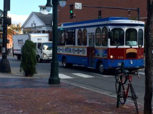 A man dressed as a tree is shown blocking traffic on Monday, October 24, 2016 in Portland, Maine. (Credit: CNN)