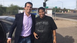 Donald Trump Jr. poses with a woman whose car had stalled in Mesa, Arizona, on Oct. 27, 2016, in a photo posted to Facebook by Tyler Bowyer.