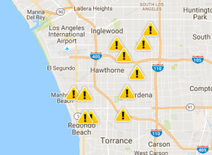 The SoCal Edison website showed outages in multiple locations across the South Bay on the morning of Oct. 11, 2016.