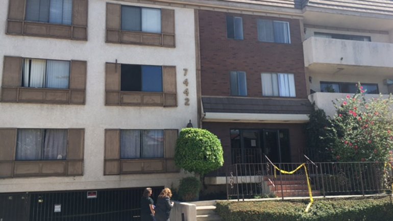 A man allegedly threw his mother out a second story apartment window, resulting in her death, according to LAPD. (Credit: Erin Myers / KTLA)