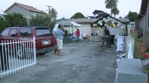The home in West Adams where multiple people were shot during a birthday party is shown on Oct. 16, 2016. (Credit: KTLA)