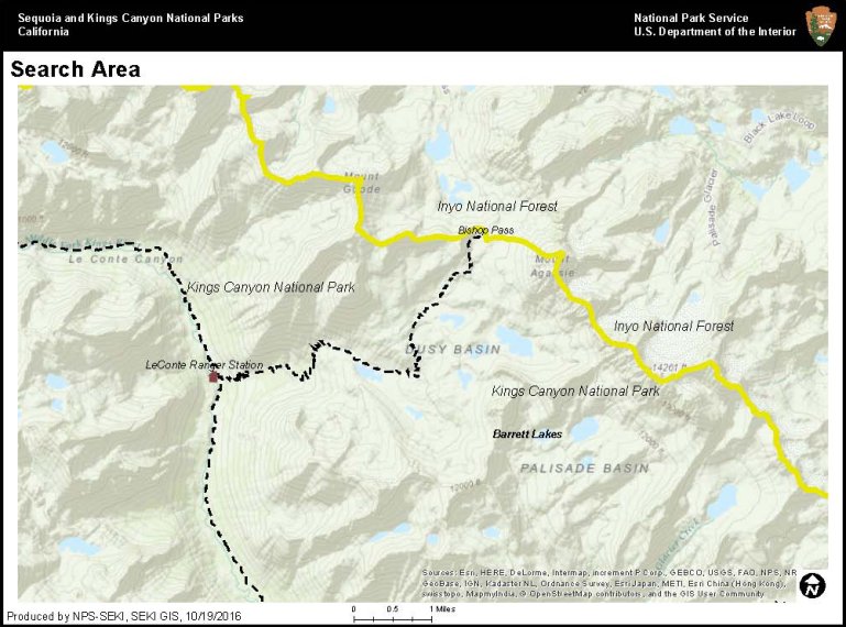 The 26-square-mile search area for Bob Woodie includes Bishop Pass, Dusy Basin, Barrett Lakes and a portion of the John Muir Trail. (Credit: National Park Service)