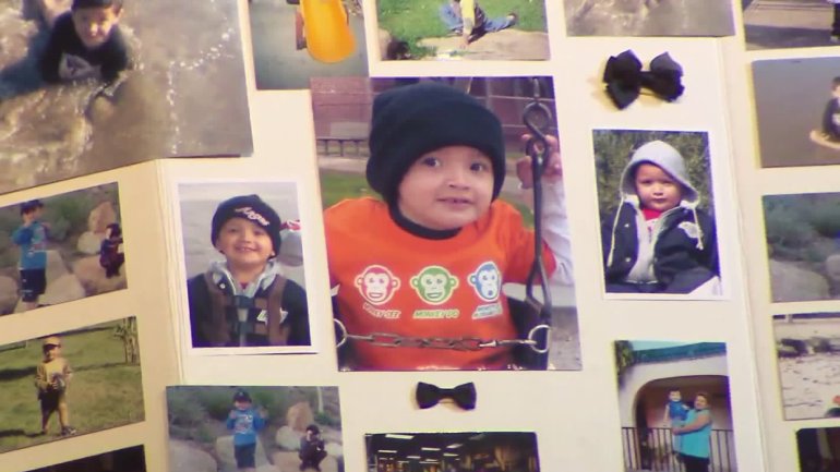 Yonatan Daniel Aguilar is seen in a collection of family photos shown at his memorial on Sept. 14, 2016 in Echo Park. (Credit: KTLA)