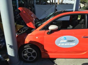 A vehicle that appeared to be a Fiat 500 crashed outside the L.A. Auto Show, leaving multiple people injured on Nov. 21, 2016. (Credit: LAFD)