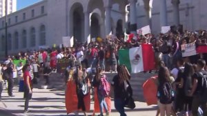 LAUSD students protest on the steps of Los Angeles City Hall on Nov. 14, 2016. (Credit: KTLA)