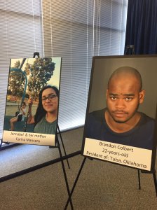 Brandon Colbert, right, and his alleged victims are shown in photos displayed at a Long Beach police news conference on Nov. 7, 2016. (Credit: Ellina Abovian / KTLA)