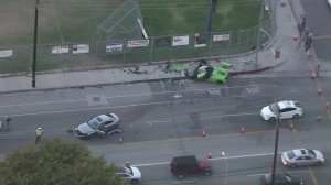 Two severely damaged vehicles are left at the scene of a crash in Woodland Hills on Nov. 1, 2016. (Credit: KTLA)