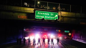 Police block traffic on the 101 Freeway near downtown L.A. as protesters rally against Donald Trump's election as president. (Credit: Marcus Yam / Los Angeles Times)