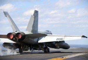 A US Navy FA-18E Super Hornet takes off from USS George Washington during the "Keen Sword," a U.S.-Japan military exercise at the Pacific Ocean on Dec. 10, 2010. (Credit: TOSHIFUMI KITAMURA/AFP/Getty Images)