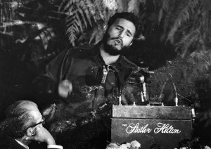 Fidel Castro, Premier of Cuba addressing the American Society of Newspaper Editors during a meeting in Washington, DC in April 1969. (Credit: Keystone/Getty Images)