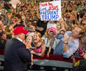 Donald Trump greets supporters after his rally at Ladd-Peebles Stadium on Aug. 21, 2015, in Mobile, Alabama. (Credit: Mark Wallheiser/Getty Images)