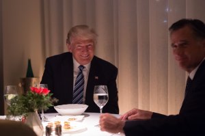 U.S. President-elect Donald Trump dines with Mitt Romney at Jean-Georges restaurant at Trump International Hotel and Tower in New York on Nov. 29, 2016. (Credit: Bryan R. Smith / AFP / Getty Images)