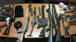 The guns recovered from the home are shown in a photo released Nov. 4, 2016, by the San Bernardino County Sheriff's Department.