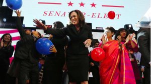 Kamala Harris celebrates at a rally in downtown. (Credit: Barbara Davidson/Los Angeles Times)