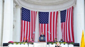 President Barack Obama makes remarks in the Memorial Amphitheater on Veterans Day after laying a wreath at the Tomb of the Unknown Soldier at Arlington National Cemetery on November 11, 2016 in Arlington, Virginia. (Credit: Ron Sachs-Pool/Getty Images)