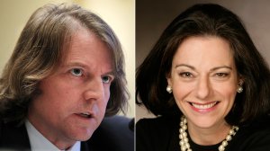 Donald McGahn, left, testifies before the Elections Subcommittee of House Committee on House Administration Nov. 3, 2011; KT McFarland, right, is shown in her portrait from the U.S. Naval Academy website.