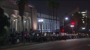 Hundreds gathered in front of Los Angeles City Hall on Nov. 16, 2016 to protest against the appointment of Steve Bannon to President-elect Donald Trump's transition team. (Credit: KTLA) 