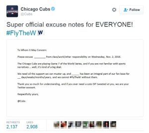 The Cubs Twitter account has provided the perfect excuse note that absolutely anyone can use. (Credit: Chicago Cubs/Twitter)