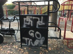 "Go Trump" with Swastika paintings are seen at Adam Yauch Park on Friday, Nov. 18th at 3pm, according to NYPD spokesperson, Annette Shelton. (Credit: CNN)
