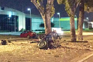 The aftermath of a Nov. 11, 2016, single-vehicle crash is shown in a photo released by the Santa Ana Police Department.