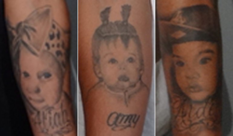 Suspect Salvador Martinez's tattoos — which are positioned, from left, on his left forearm, right forearm and left forearm — are shown in photos released Nov. 17, 2016, by the L.A. County Sheriff's Department.