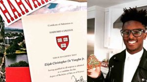 Elijah "EJayy" Devaughn and his Harvard acceptance letter are seen in a photo posted to a GoFundMe page.