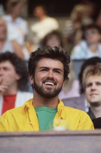 British singer songwriter George Michael, lead singer of the pop group Wham!, at the Live Aid Concert in Wembley Stadium, London, on July 13, 1985. (Credit: Hulton Archive/Getty Images)