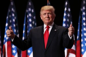 Donald Trump gives two thumbs up to the crowd during the evening session on the fourth day of the Republican National Convention on July 21, 2016 at the Quicken Loans Arena in Cleveland, Ohio. (Credit: Chip Somodevilla/Getty Images)