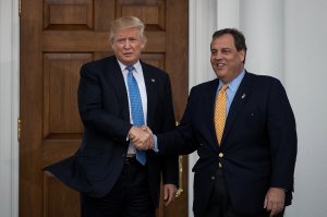 President-elect Donald Trump and New Jersey Governor Chris Christie (L to R) hands before their meeting at Trump International Golf Club, Nov. 20, 2016 in Bedminster Township, New Jersey. (Credit: Drew Angerer/Getty Images)