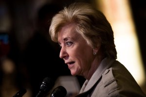 Linda McMahon, former CEO of World Wrestling Entertainment (WWE), speaks to reporters at Trump Tower in New York City on Nov. 30, 2016. (Credit: Drew Angerer / Getty Images)