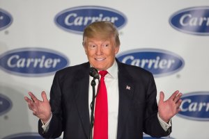 President-elect Donald Trump speaks to workers at Carrier air conditioning and heating on Dec. 1, 2016, in Indianapolis, Indiana. (Credit: Tasos Katopodis / Getty Images)