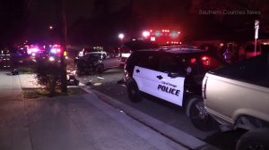 An Orange Police officer was injured after a car crashed into him and his patrol vehicle while he was responding to a call on Dec. 10, 2016. (Credit: Southern Counties News) 