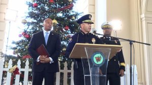 Pasadena Police Chief Phillip Sanchez, flanked by Special Agent in Charge Rob Savage of the U.S. Secret Service, left, and Pasadena Fire Chief Bertral Washington, speaks on Dec. 28, 2016 at Pasadena City Hall ahead of the Rose Bowl. (Credit: Maya Lau/Los Angeles Times)