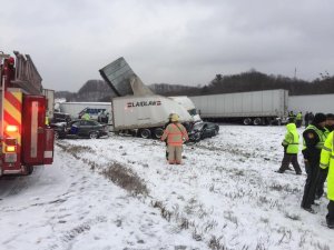 In Ohio, snowy conditions led to a more than 50-vehicle pileup on I-90 in Lake County, officials there said. The Lake County Sheriff's Office said multiple people were trapped in their cars. (Credit: Lake County Sherriff's Office)