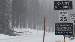 Snow on SR203 near Mammoth Mountain is seen in an image posted to Facebook by Caltrans District 9 on Oct. 30, 2016.
