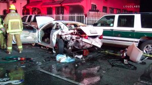 A car that was slammed from behind by a suspected DUI driver in South Los Angeles on Dec. 2, 2016 sustained major damage. (Credit: LOUDLABS)