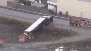 A big rig overturned in Sylmar on Dec. 16, 2016. (Credit: KTLA)