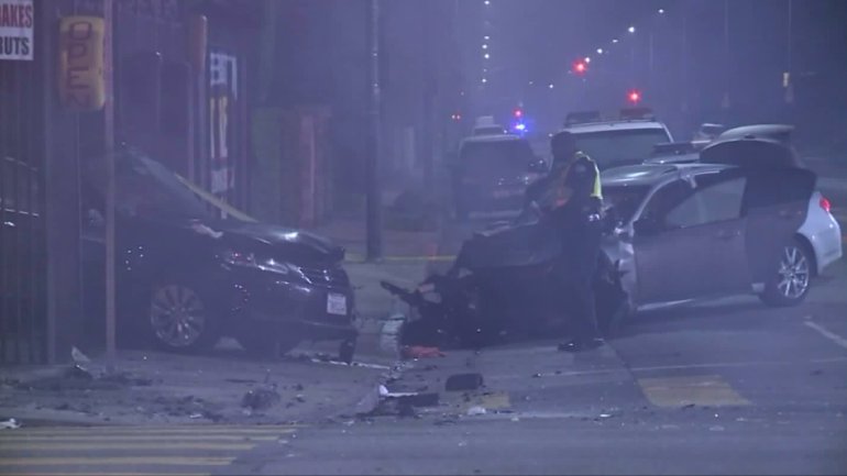 The aftermath of the hit-and-run crash that killed Folesha Parker-Iverson on Jan. 14, 2017, is shown. (Credit: KTLA)