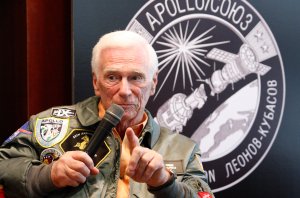 Gene Cernan speaks at a presentation of a lunar rover, Apollo 10 space suit and Mars rover on May 27, 2010 in Oklahoma City, Oklahoma. (Credit: Brett Deering/Getty Images for OMEGA)
