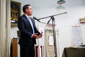 Congressman Pete Aguilar speaks during an interfaith memorial service at the Islamic Center of Redlands for the victims of the San Bernardino mass shooting, on Dec. 6, 2015, in Loma Linda. (Credit: PATRICK T. FALLON/AFP/Getty Images)