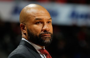 Derek Fisher of the New York Knicks looks on during the game against the Atlanta Hawks at Philips Arena on January 5, 2016 in Atlanta, Georgia. (Credit: Kevin C. Cox/Getty Images)